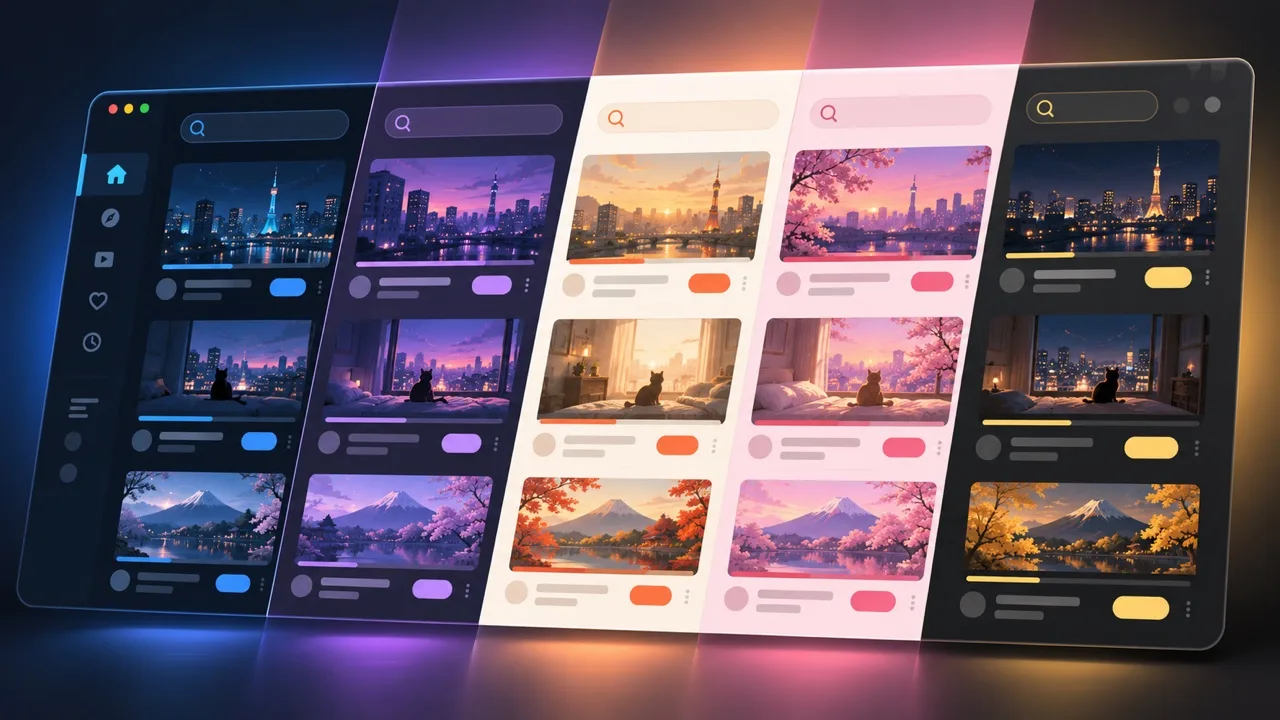 The same YouTube home page shown in five themes: Tokyo Night, Catppuccin, Paper, Sakura and Gruvbox