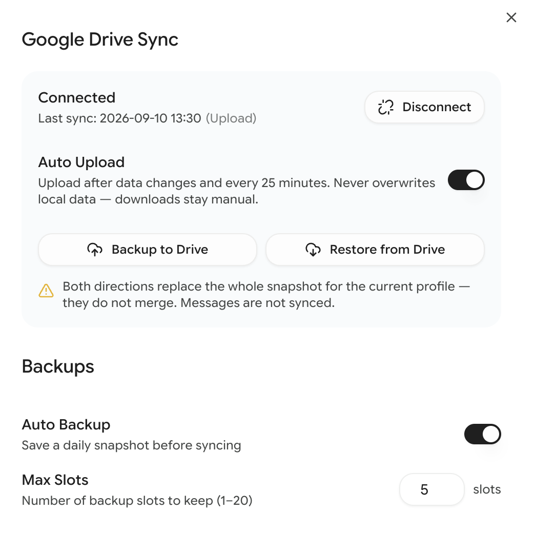 Controles de copia de seguridad, restauración y sincronización con Drive en Datos y almacenamiento